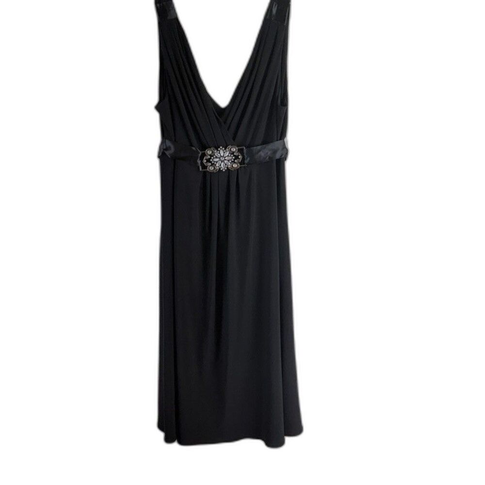 Scarlett Nite Black Dress Sleeveless V-Neck Rhinestone Buckle Empire Waist Midi